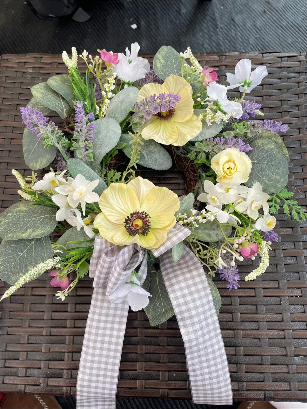 Spring Pastel Floral Wreath with Yellow Anemone and Lavender Accents, 12”